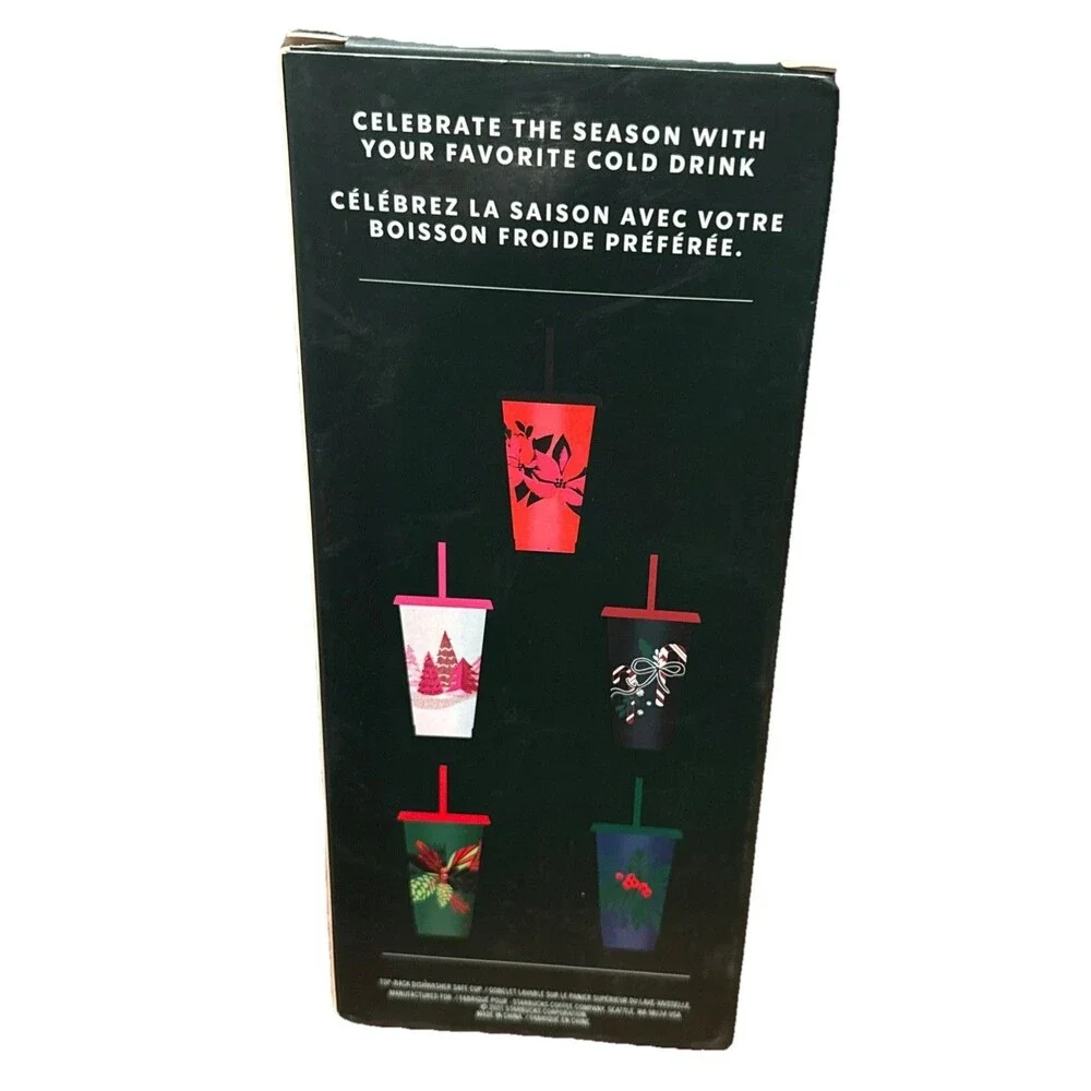 Starbucks NEW in Box Reusable Cold Cups Lids & Straws 24 Oz 5 Pieces Holiday